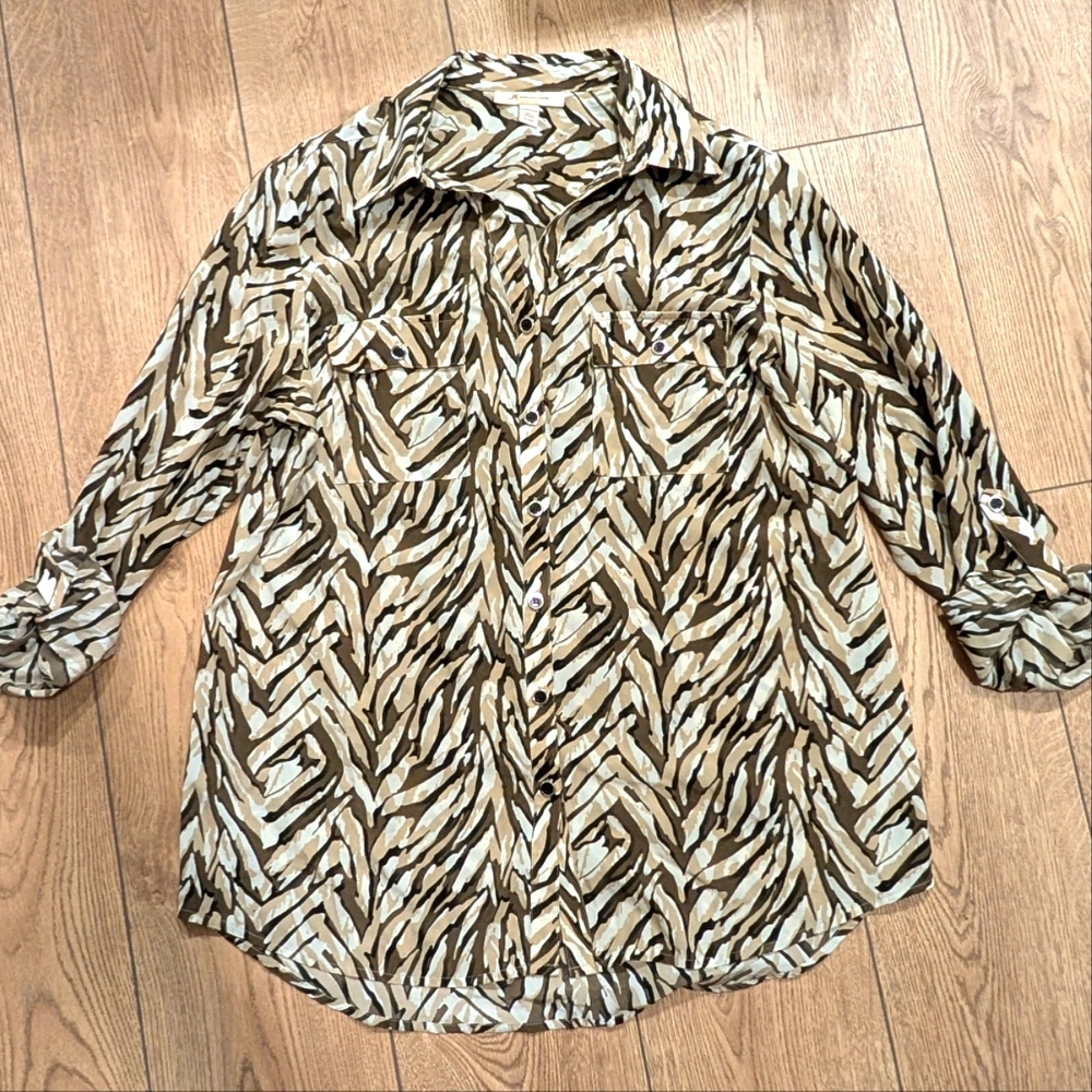 JM‎ Collection Plus 14  Zebra Print Tunic Top Shirt Button down Brown Animal